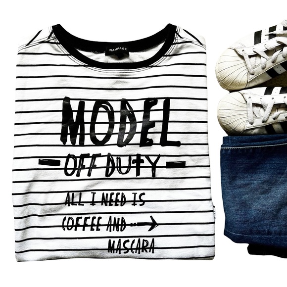 Model Off Duty Graphics Black White Striped Ringed Long Sleeve Tee Shirt… - Picture 2 of 12